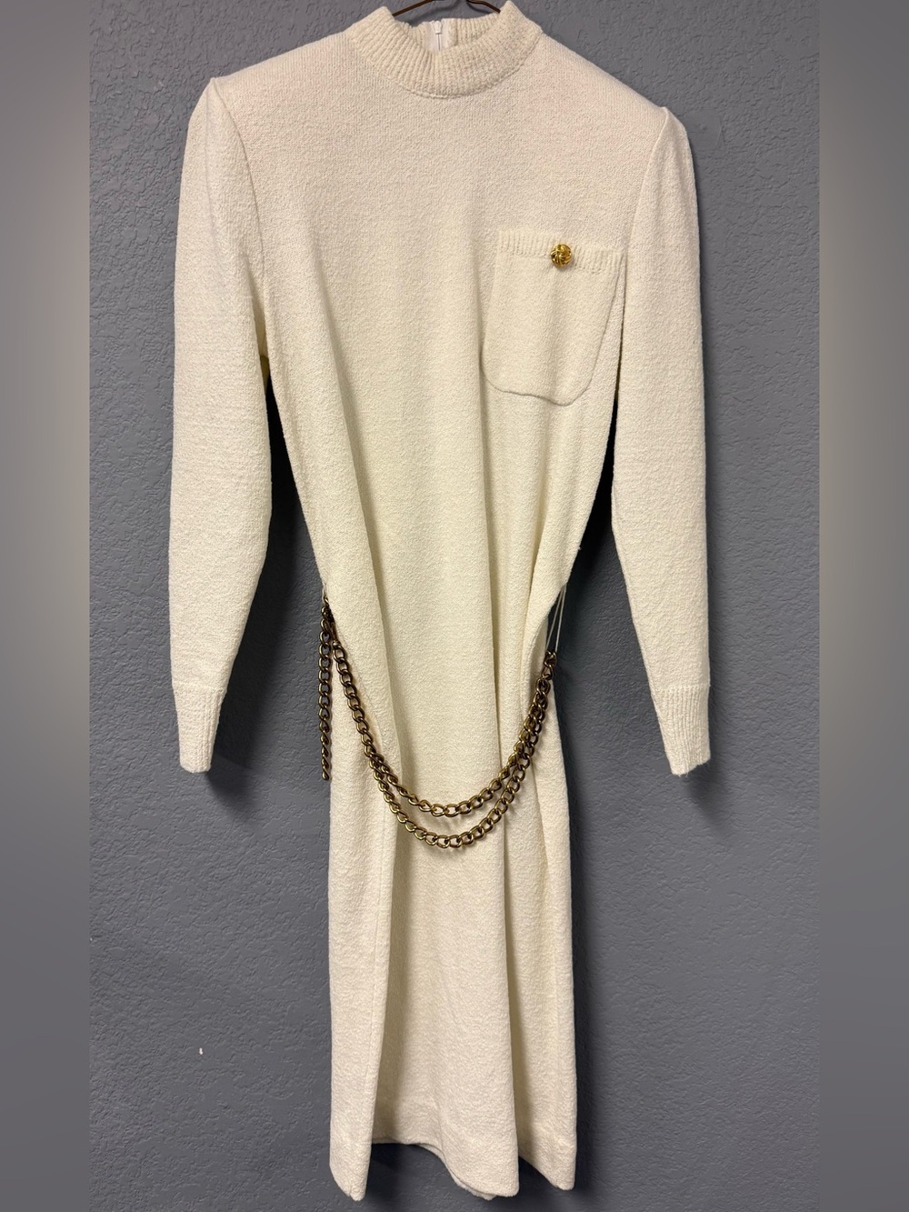 Vintage Castleberry Ivory Knit Dress with Gold Chain Accent